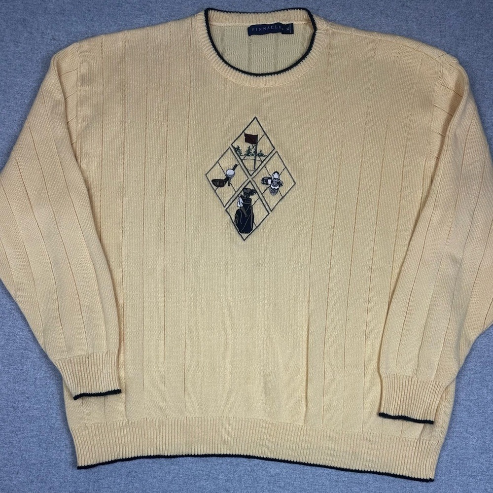 Vtg‎ Pinnacle Sweater Mens XL Yellow Golf Diamond Textured Knit Crew Prep Club